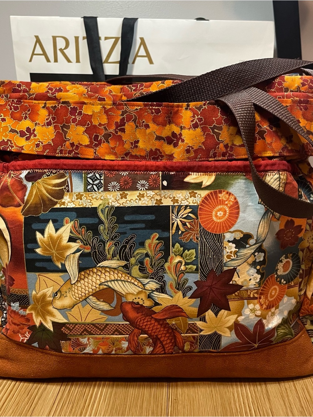 NWT Handmade Japanese Koi Fish & Autumn Leaf Quilted Tote Bag YKK Zippers